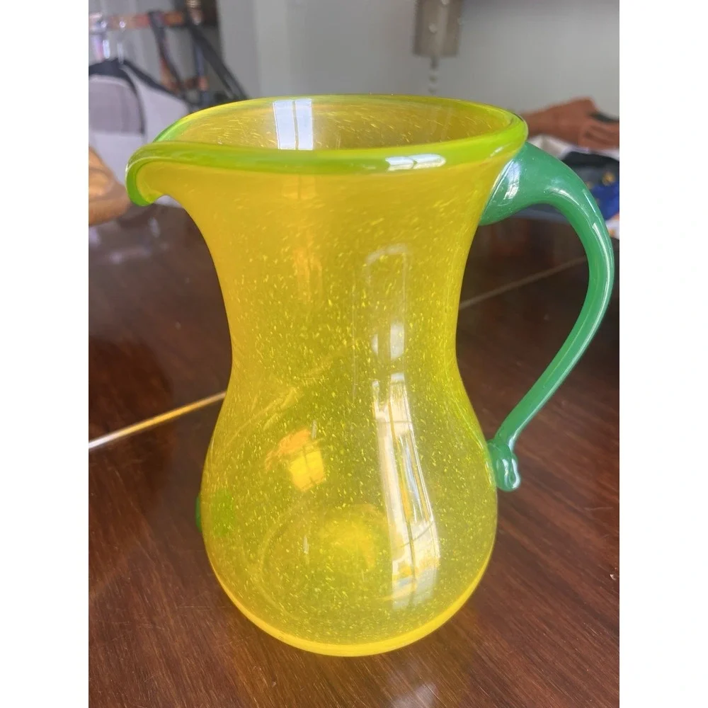 Vintage Blenko Style Yellow And‎ Green Glass Pitcher Hand Blown Art Deco MCM